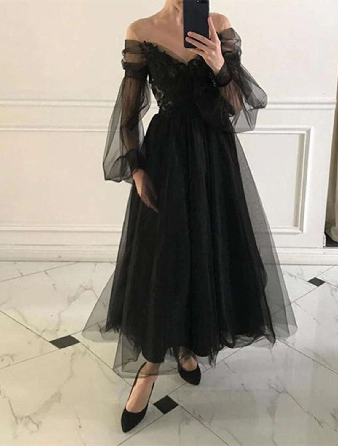 Abito da cocktail a trapezio nero, abito vintage, da ballo, da sposa, lunghezza alla caviglia, manica lunga, scollo a V, in tulle con applicazioni di perline
